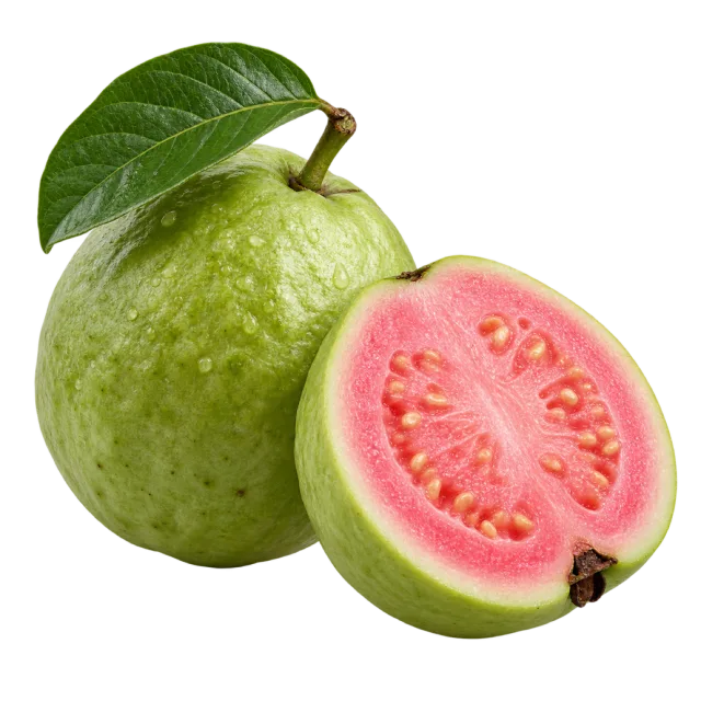 A whole green guava with leaves beside a cut half showing pink flesh and small seeds