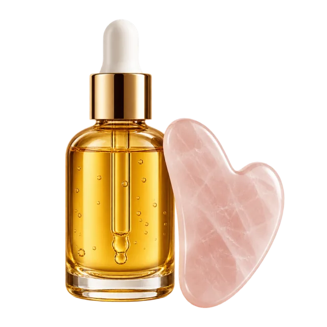 Realistic-style illustration of amber facial oil with smooth gua sha stone