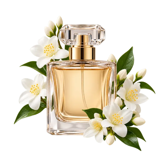 Realistic-style illustration of perfume bottle with white jasmine blossoms