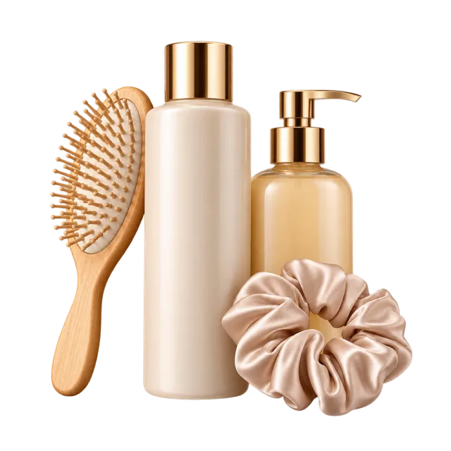 Realistic-style illustration of hair care bottles with wooden brush and silk scrunchie