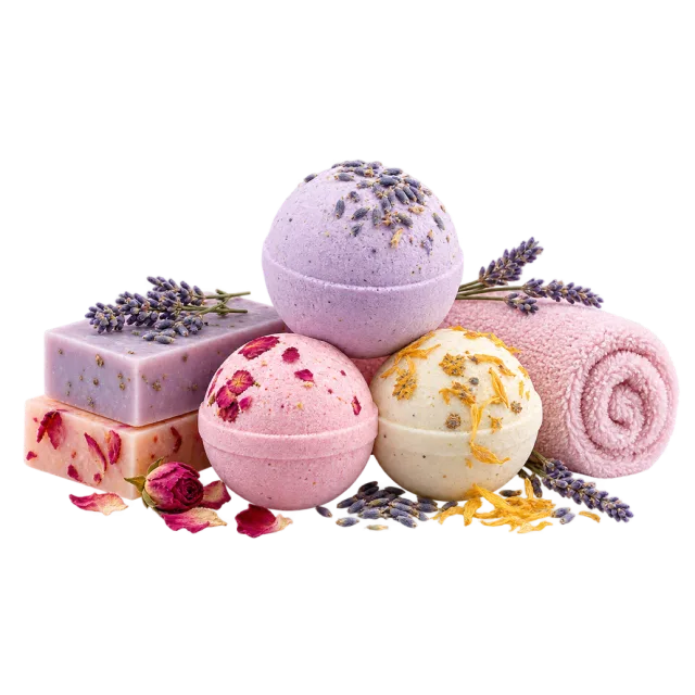 Realistic-style illustration of pastel bath bombs with soap and small towel