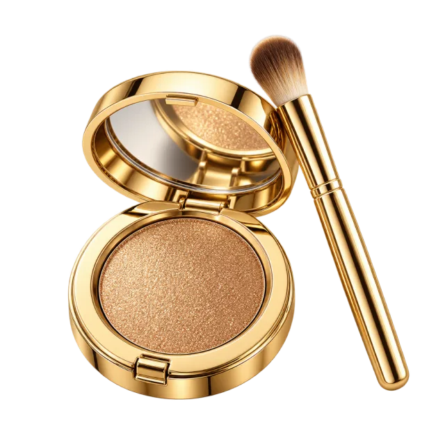 Realistic-style illustration of gold eyeshadow compact with gold makeup brush