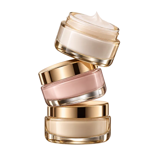 Realistic-style illustration of three cosmetic jars stacked diagonally