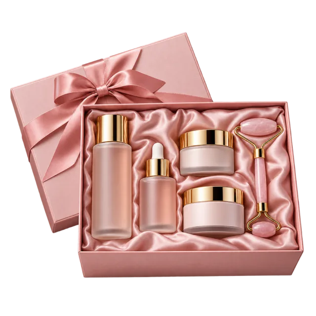 Realistic-style illustration of gift box containing skincare bottles and facial roller