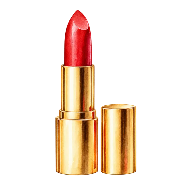 Watercolor-style illustration of classic red lipstick in gold tube with cap beside it