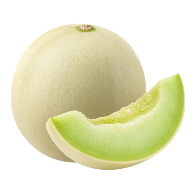 A pale honeydew melon beside a curved wedge of light green flesh