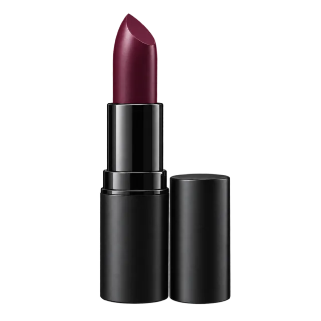 3D-style illustration of deep plum lipstick in matte black tube