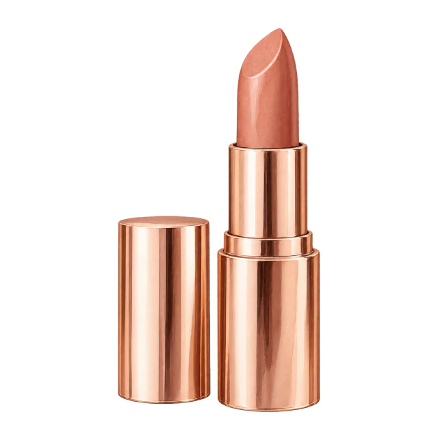 Watercolor-style illustration of nude beige lipstick in rose gold case