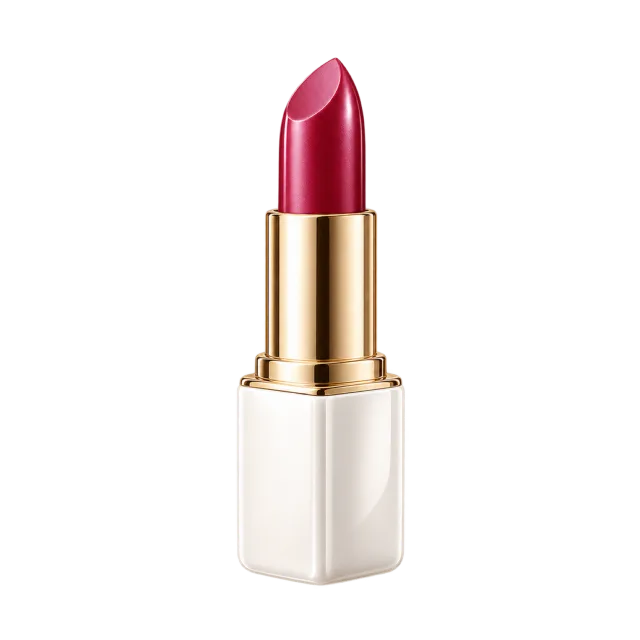3D-style illustration of berry lipstick in pearl white case