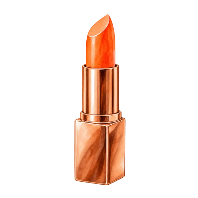 Watercolor-style illustration of orange lipstick in copper case