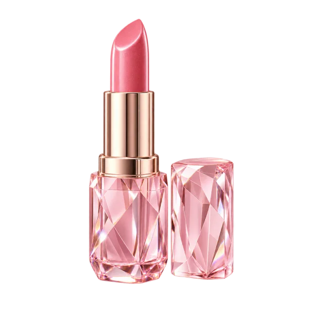 3D-style illustration of pink lipstick with faceted crystal case