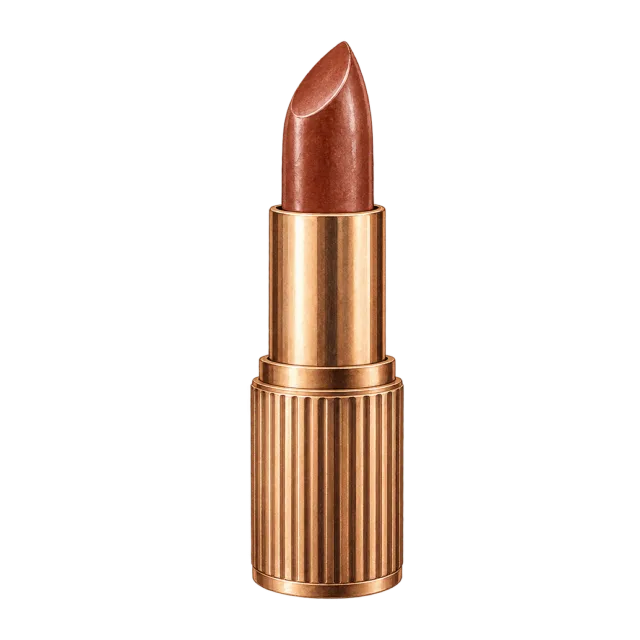 Watercolor-style illustration of brown lipstick in ribbed bronze tube