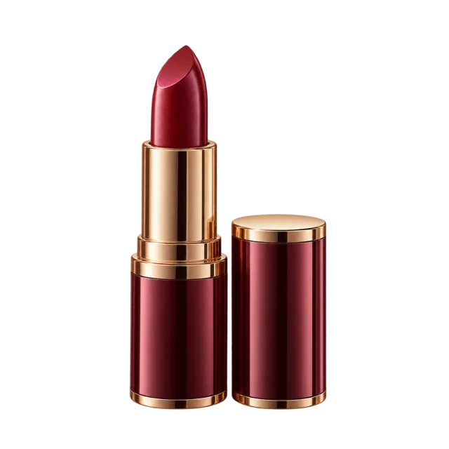 3D-style illustration of burgundy lipstick in metal case