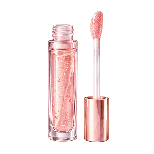 Watercolor-style illustration of pink lip gloss tube with wand