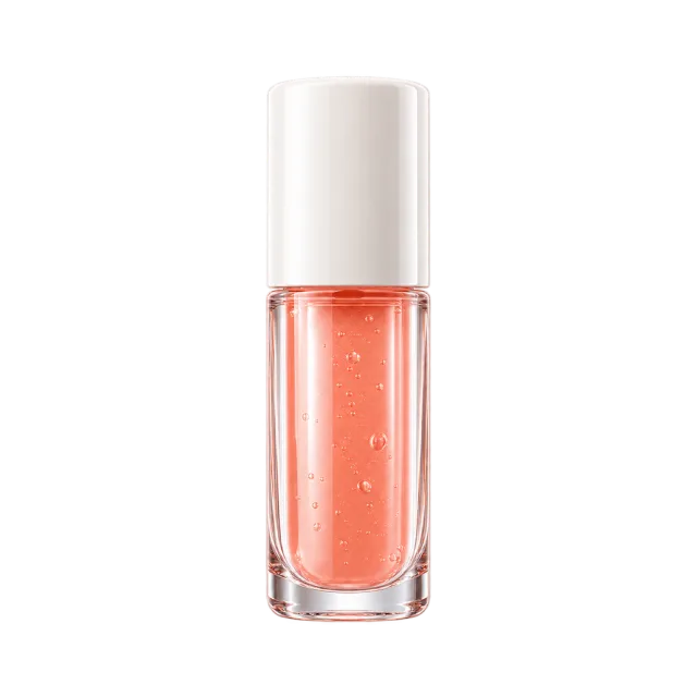3D-style illustration of peach lip oil in clear bottle with white cap