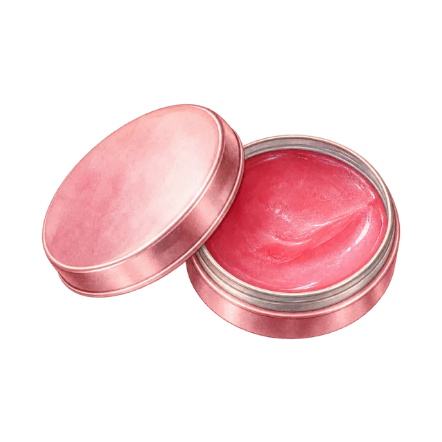 Watercolor-style illustration of pink lip balm in open round pot