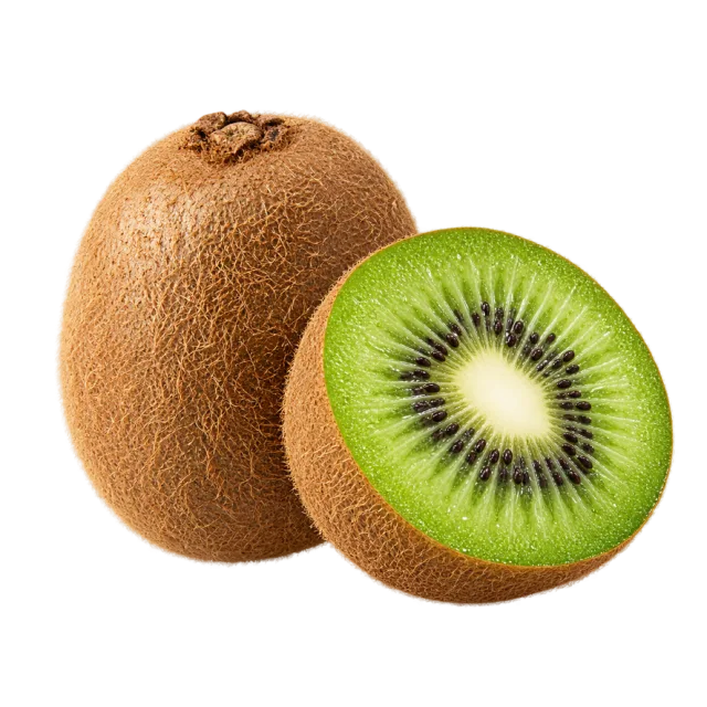 A fuzzy brown kiwi beside a cut half showing green flesh and a ring of black seeds