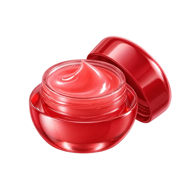3D-style illustration of red lip balm in small jar