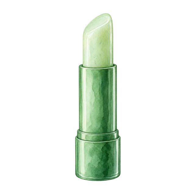 Watercolor-style illustration of green lip balm in twist up tube