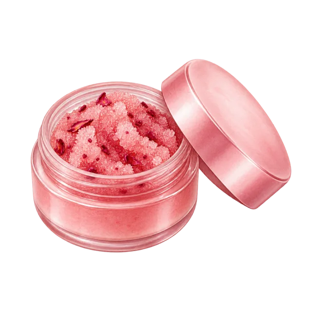 Watercolor-style illustration of pink lip scrub in open pot