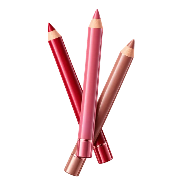 3D-style illustration of set of three red pink and nude lip pencils