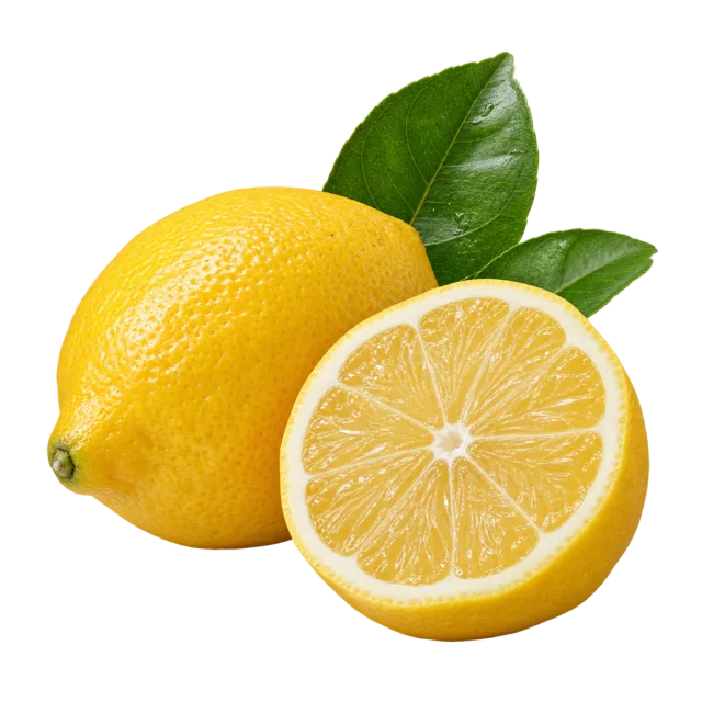 A whole yellow lemon with green leaves beside a juicy cut half