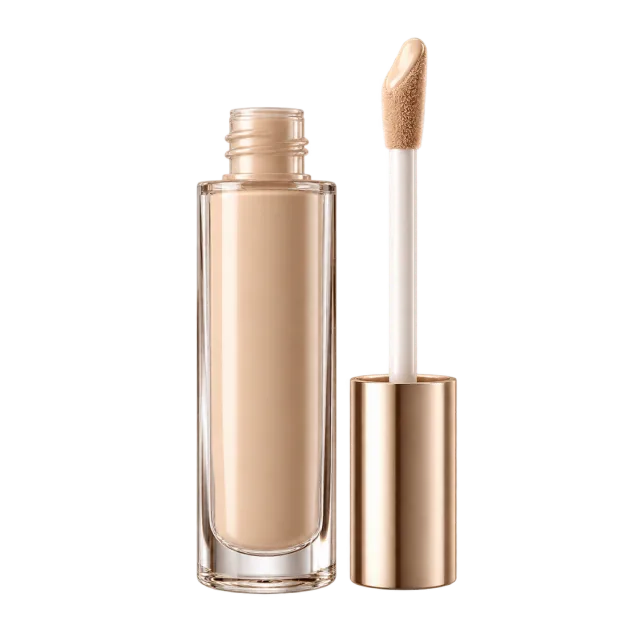 3D-style illustration of concealer wand beside clear beige bottle