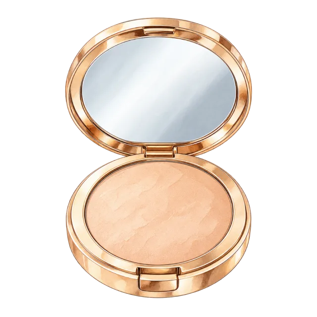 Watercolor-style illustration of round pressed face powder compact open with mirror