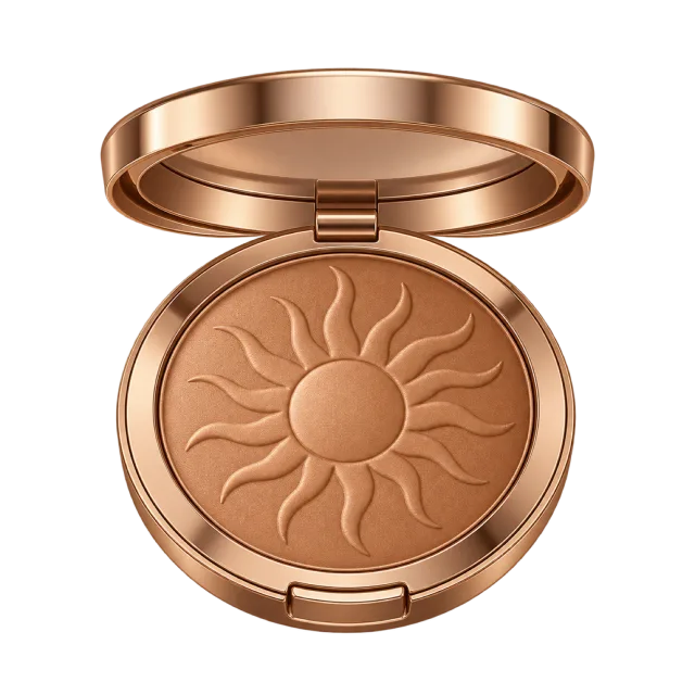 3D-style illustration of matte bronzer compact with embossed sun