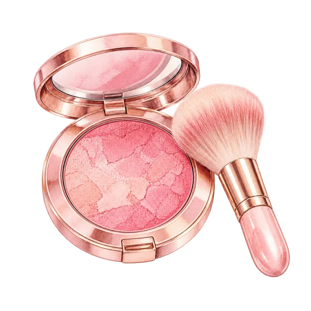 Watercolor-style illustration of pink blush compact with powder brush