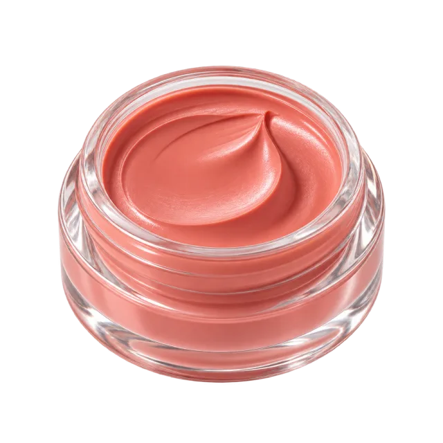3D-style illustration of peach cream blush in open glass pot