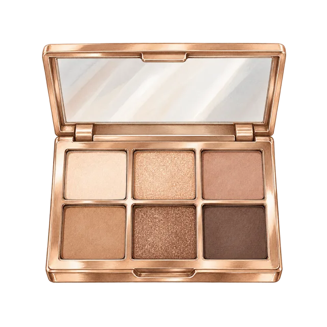 Watercolor-style illustration of six pan neutral eyeshadow palette open