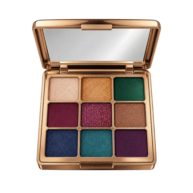 3D-style illustration of nine pan jewel tone eyeshadow palette open