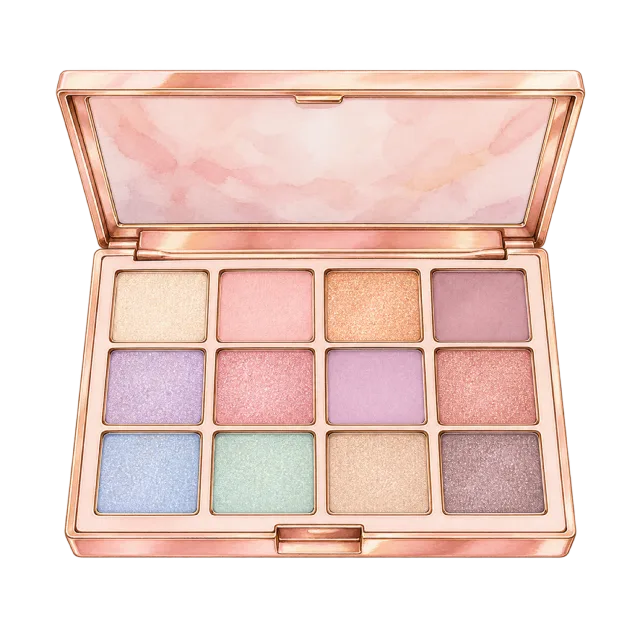 Watercolor-style illustration of pastel eyeshadow palette with mirror