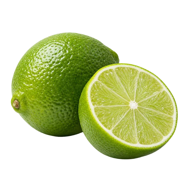 A whole green lime beside a cut half with pale green citrus segments
