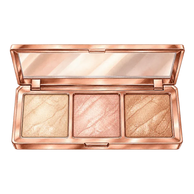 Watercolor-style illustration of rose gold three pan highlighter palette