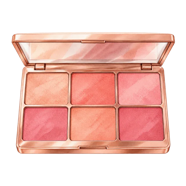 Watercolor-style illustration of six pan peach and rose blush palette