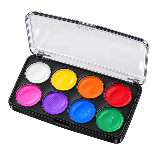 3D-style illustration of eight pan colorful face paint palette