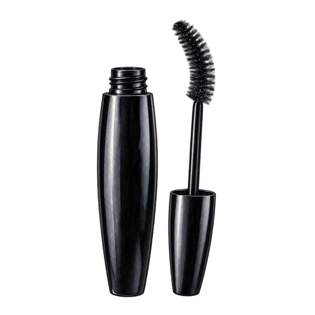 Watercolor-style illustration of black mascara tube and curved bristle wand