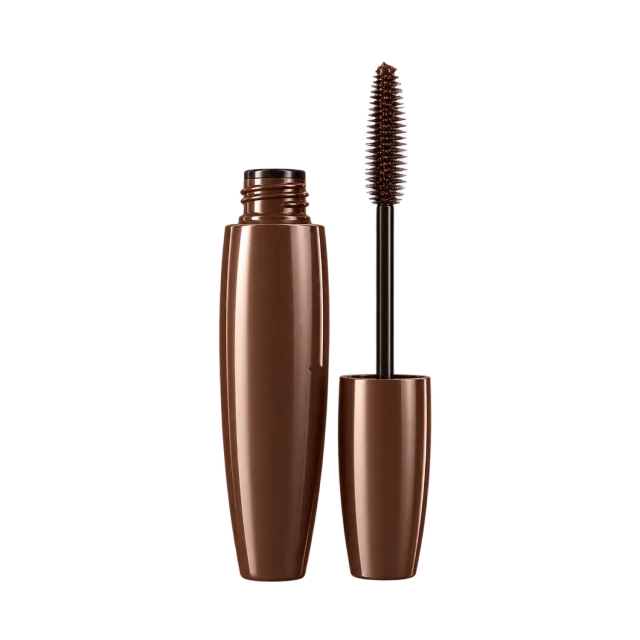 3D-style illustration of brown mascara tube with straight brush wand