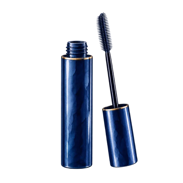 Watercolor-style illustration of navy blue mascara with wand