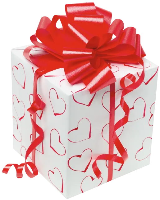 Tall white gift box wrapped in curling red ribbons and a large bow on a transparent background