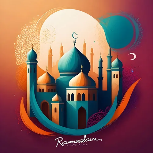 Teal mosque framed by a golden crescent and a large pale moon