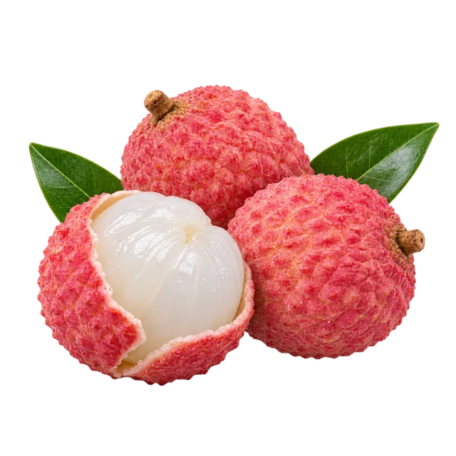 Pink textured lychees with leaves and one opened fruit showing white flesh
