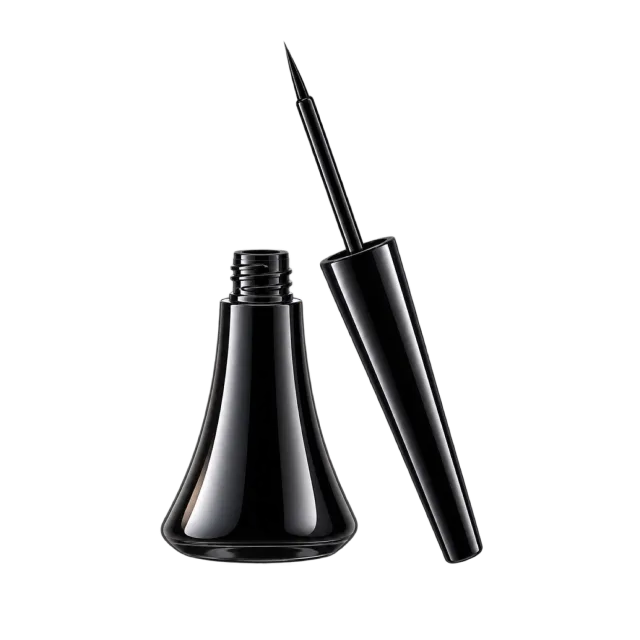 3D-style illustration of black liquid eyeliner bottle and fine brush