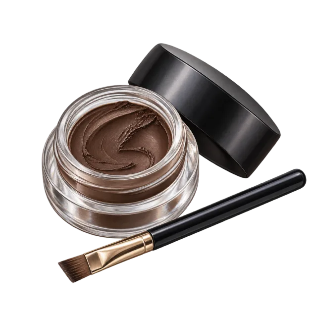 Watercolor-style illustration of eyebrow pomade pot and angled brush