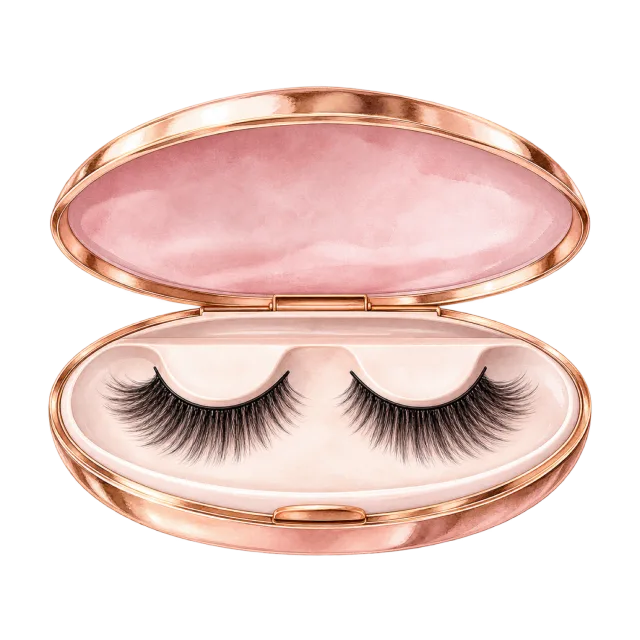 Watercolor-style illustration of false eyelash pair in oval open case
