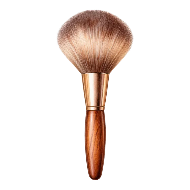 Watercolor-style illustration of fluffy powder brush with wooden handle