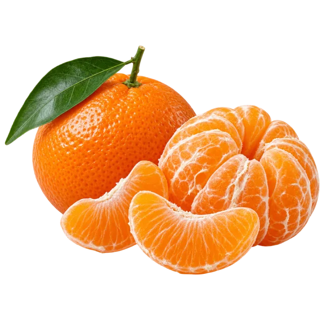 An orange mandarin with a green leaf beside a peeled fruit and loose segments