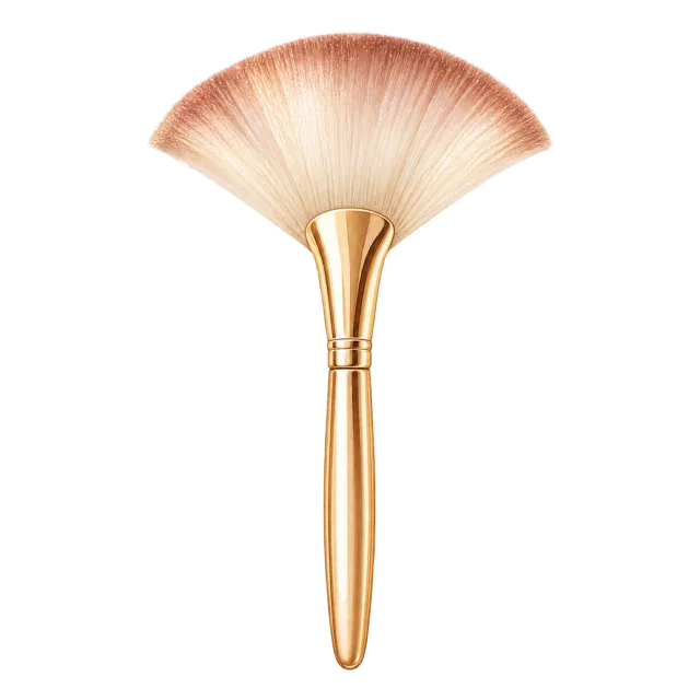 Watercolor-style illustration of fan highlighter brush with gold handle